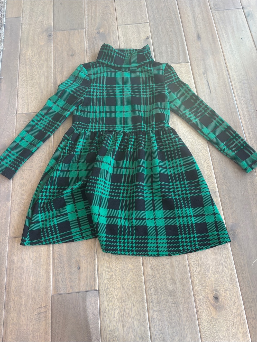 Girls' Green Plaid Turtleneck Christmas Dress